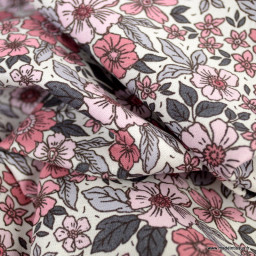 Tissu popeline motifs milles fleurs rose et gris - Oeko tex