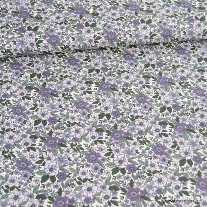 Tissu popeline motifs milles fleurs parme - Oeko tex