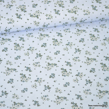 Tissu popeline motifs petites fleurs fond bleu - Oeko tex