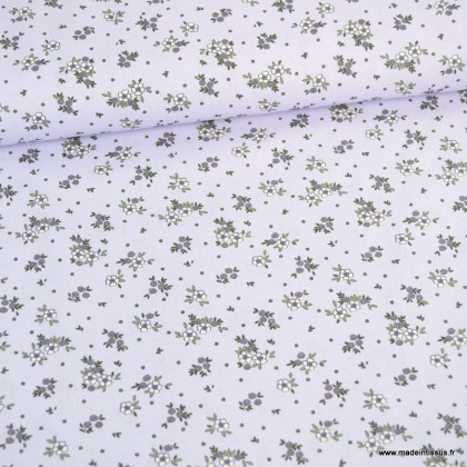 Tissu popeline motifs petites fleurs fond parme - Oeko tex