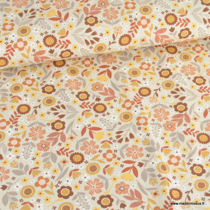 Tissu jersey motif fleurs fond beige - Oeko tex standard 100