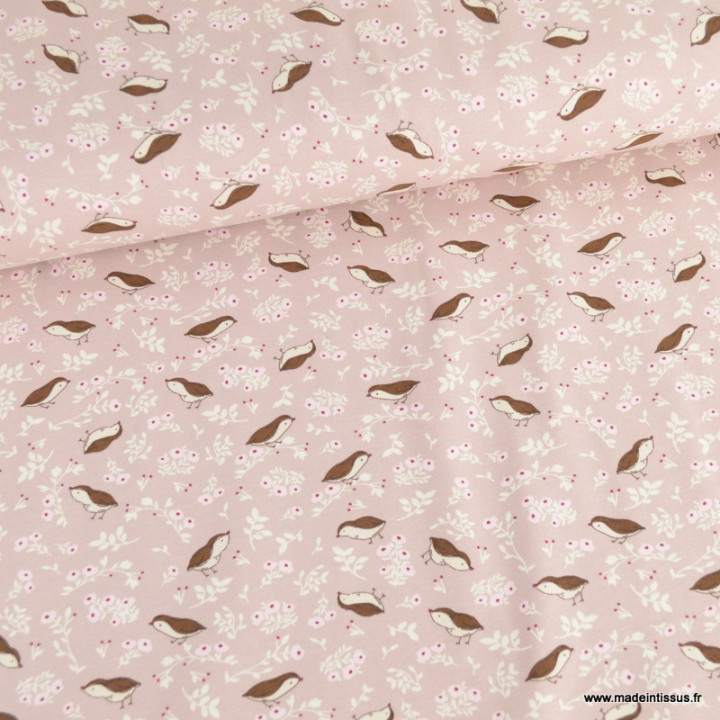 Tissu jersey motif oiseaux et fleurs fond rose - Oeko tex standard 100
