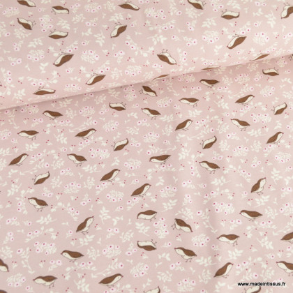 Tissu jersey motif oiseaux et fleurs fond rose - Oeko tex standard 100