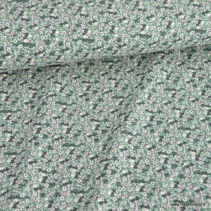 Tissu jersey motif petites fleurs roses fond vert céladon - Oeko tex standard 100