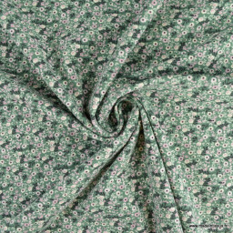 Tissu jersey motif petites fleurs roses fond vert céladon - Oeko tex standard 100
