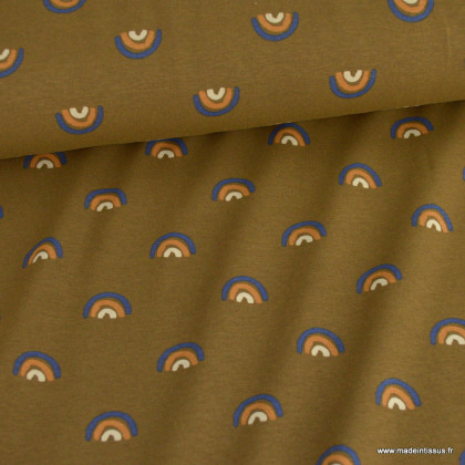 Tissu jersey motif arc en ciel fond marron - Oeko tex standard 100