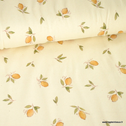 Tissu jersey Biologique motif citrons fond blanc cassé - Oeko tex standard 100