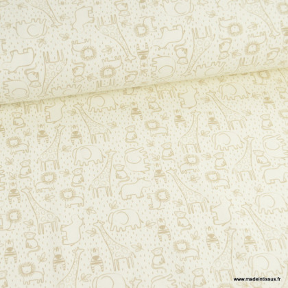 Tissu jersey motif animaux de la savane fond blanc cassé - Oeko tex standard 100