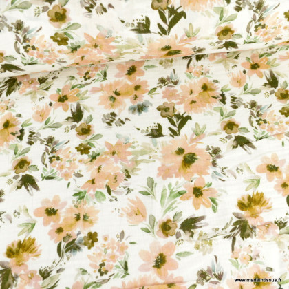 Double gaze Adelinaire motif fleurs fond blanc - oeko tex