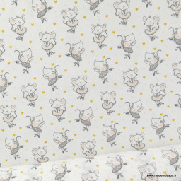 Tissu coton Misty motif souris danseuse en tutu fond blanc