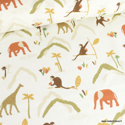 Tissu cretonne coton Zambia motif animaux de la jungle fond blanc cassé  -  oeko tex
