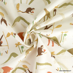 Tissu cretonne coton Zambia motif animaux de la jungle fond blanc cassé  -  oeko tex
