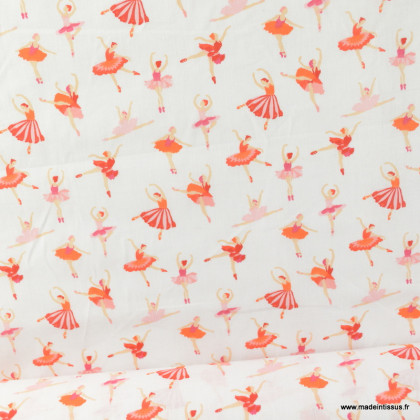 Tissu coton motif danseuse étoile rose fond blanc - Oeko tex
