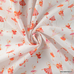 Tissu coton motif danseuse étoile rose fond blanc - Oeko tex