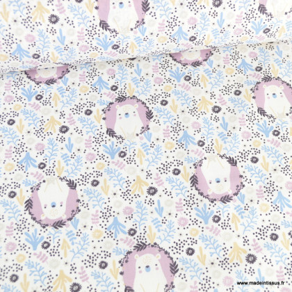 Tissu Coton Monaha motif oursons et fleurs lilas et bleu - oeko tex