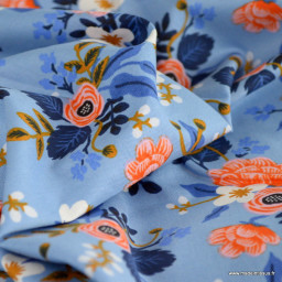 Tissu Rifle Paper en coton imprimé floral fond bleu - collection Birch Floral