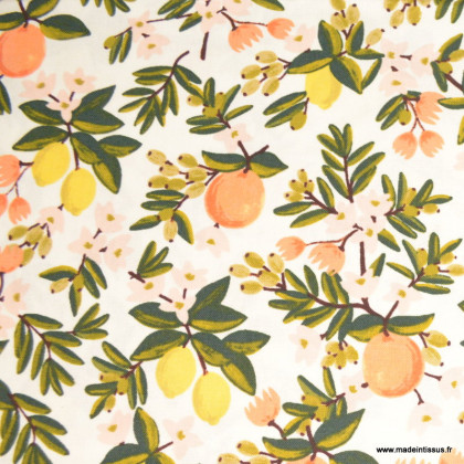 Tissu Rifle Paper en coton imprimé fleurs et citrons - collection Primavera Citrus