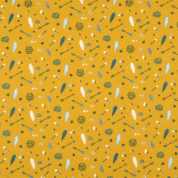 Tissu coton Meeko motifs flèches et plumes fond moutarde - Oeko tex