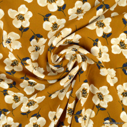 Tissu Viscose lin motif fleurs fond camel