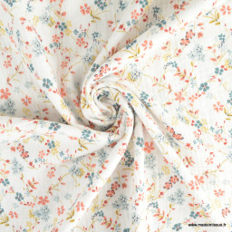Double gaze motif petites fleurs marsala et bleu fond blanc - oeko tex