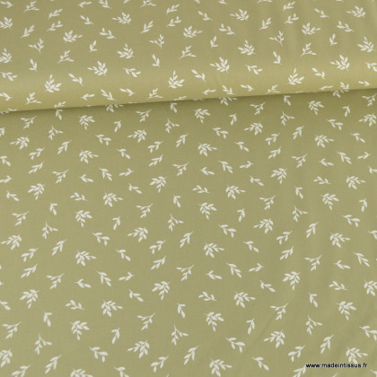 Tissu popeline motifs petites feuilles fond vert kaki tilleul - Oeko tex