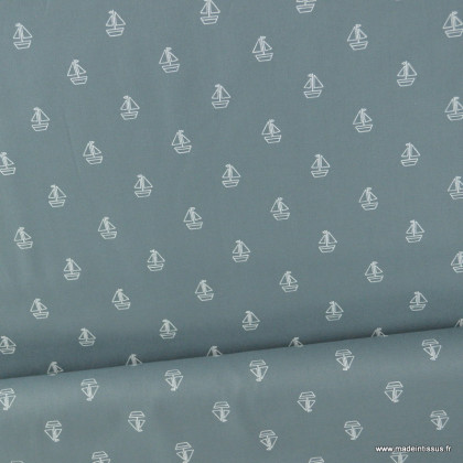 Tissu popeline motifs voiliers fond bleu denim - Oeko tex