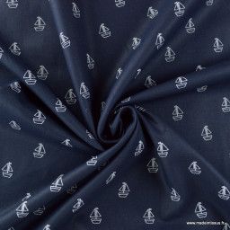 Tissu popeline motifs voiliers fond bleu marine - Oeko tex