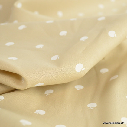 Tissu popeline motifs pommes fond beige - Oeko tex