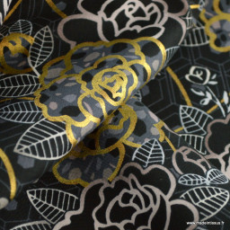 Tissu Popeline motif fleurs or - Robert Kaufman, Silverstone onyx