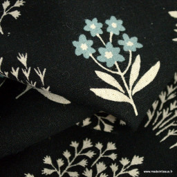Tissu Popeline motif fleurs fond noir - Robert Kaufman, Silverstone Pewter