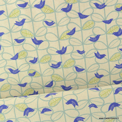 Tissu asoect lin motif oiseaux bleus - Robert Kaufman, collection Flax Prints blue