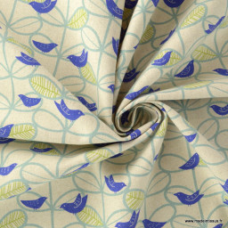 Tissu lin motif oiseaux bleus - Robert Kaufman, collection Flax Prints blue