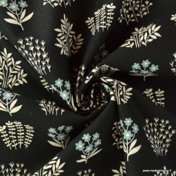 Tissu lin motif fleurs fond noir - Robert Kaufman, collection Flax Prints black