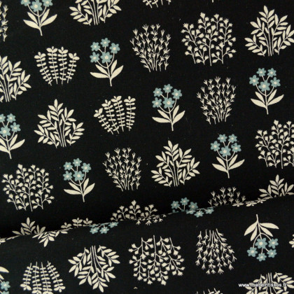 Tissu lin motif fleirs fond noir - Robert Kaufman, collection Flax Prints black