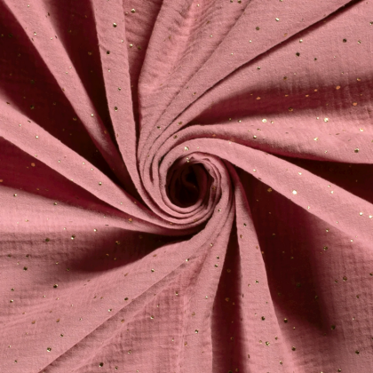Tissu Double gaze à pois or coloris vieux rose - oeko tex