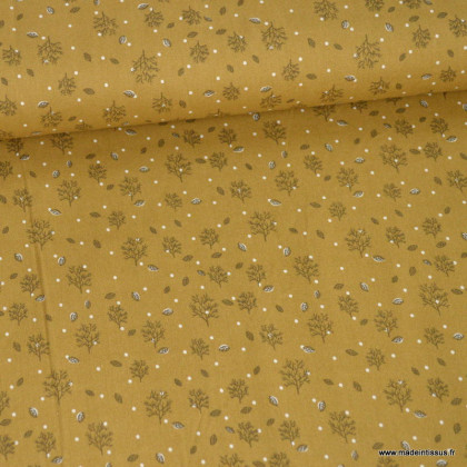 Tissu coton popeline motifs arbreste t feuilles fond ocre