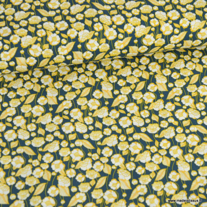 Tissu coton popeline motifs fleurs jaune fond marine
