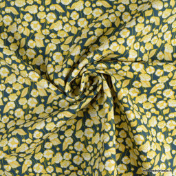 Tissu coton popeline motifs fleurs jaune fond marine