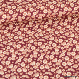 Tissu coton popeline motifs fleurs fond bordeaux