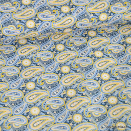 Tissu coton popeline motifs Paisley jaune et bleu