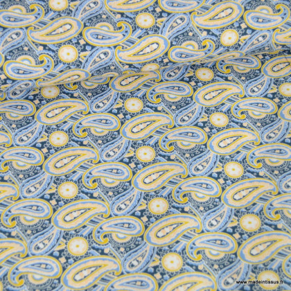 Tissu coton popeline motifs Paisley jaune et bleu