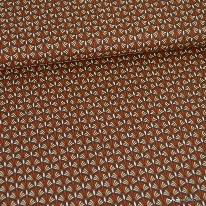 Tissu popeline motifs éventail fond chocolat - Oeko tex