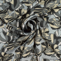 Tissu Satin motif fleurs noires fond gris