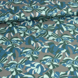 Tissu Satin motif fleurs bleu et menthe fond gris