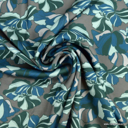Tissu Satin motif fleurs bleu et menthe fond gris