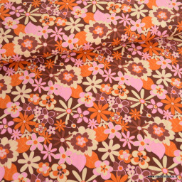 Tissu twill Viscose motif fleurs vintage rose, orange et chocolat