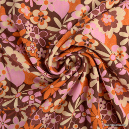Tissu twill Viscose motif fleurs vintage rose, orange et chocolat