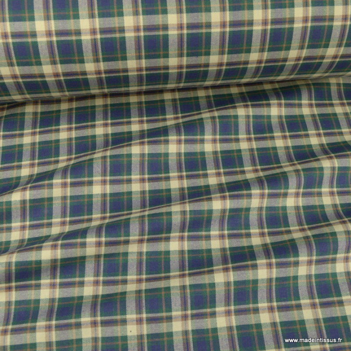 Tissu coton gratté type Flanelle à petits carreaux bleu, écru et vert