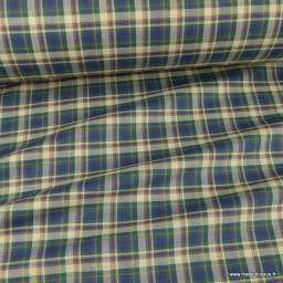 Tissu coton gratté type Flanelle à petits carreaux bleu, écru et vert