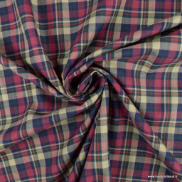 Tissu coton gratté type Flanelle à petits carreaux rose, écru et bleu
